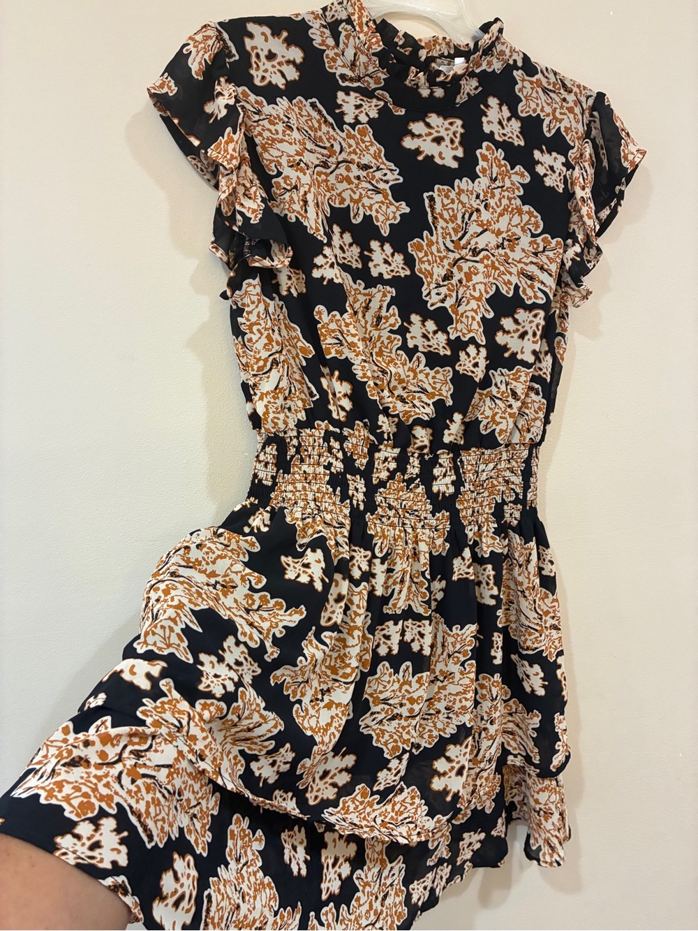 THML Black Mini Dress with Cream & Brown Floral Print